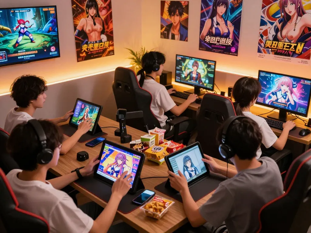 Engaged gamers exploring a variety of porn game online titles on multiple devices, showcasing an inviting and vibrant gaming atmosphere.