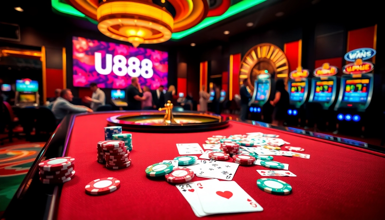Engaging gambling scene featuring U888 branding with poker chips and a roulette wheel.