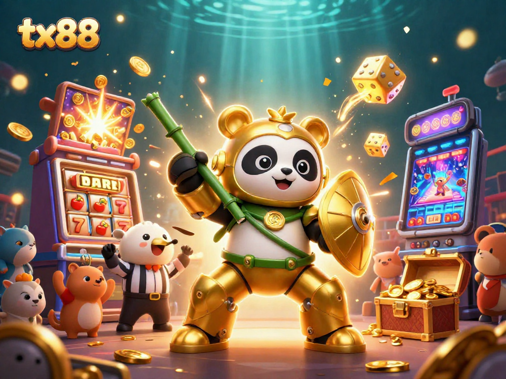 Experience the excitement of tx88 slots with a dynamic illustration of a golden panda and jackpot elements.