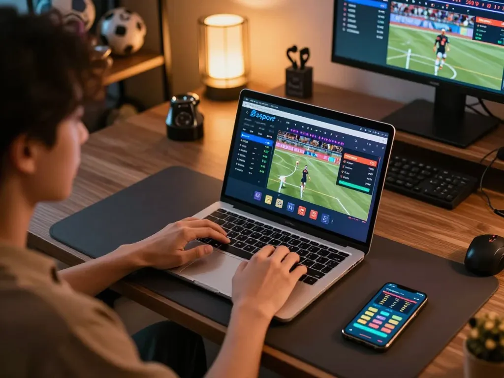 Betting on sports with Bsport interface displayed on a laptop in a cozy home office setting.