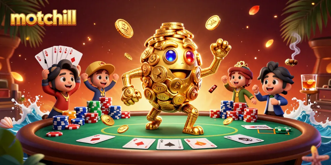Experience the thrill of winning at motchill with animated golden golem and colorful poker elements.