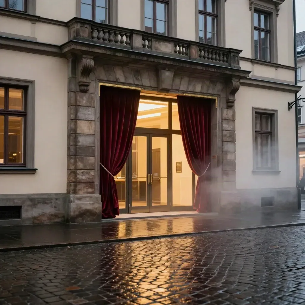 Beleuchteter Eingang einer Kulturspielstätte mit rotem Vorhang und nassem Kopfsteinpflaster bei Blauer Stunde.
