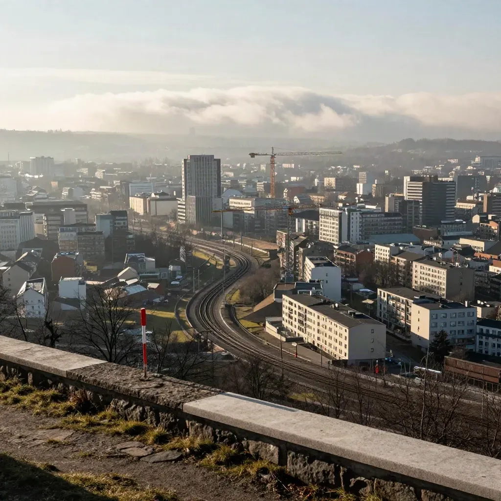 Stuttgarter Stadtschüssel im Morgendunst mit Bahnlinien, Kränen und heller Wolkenwand.