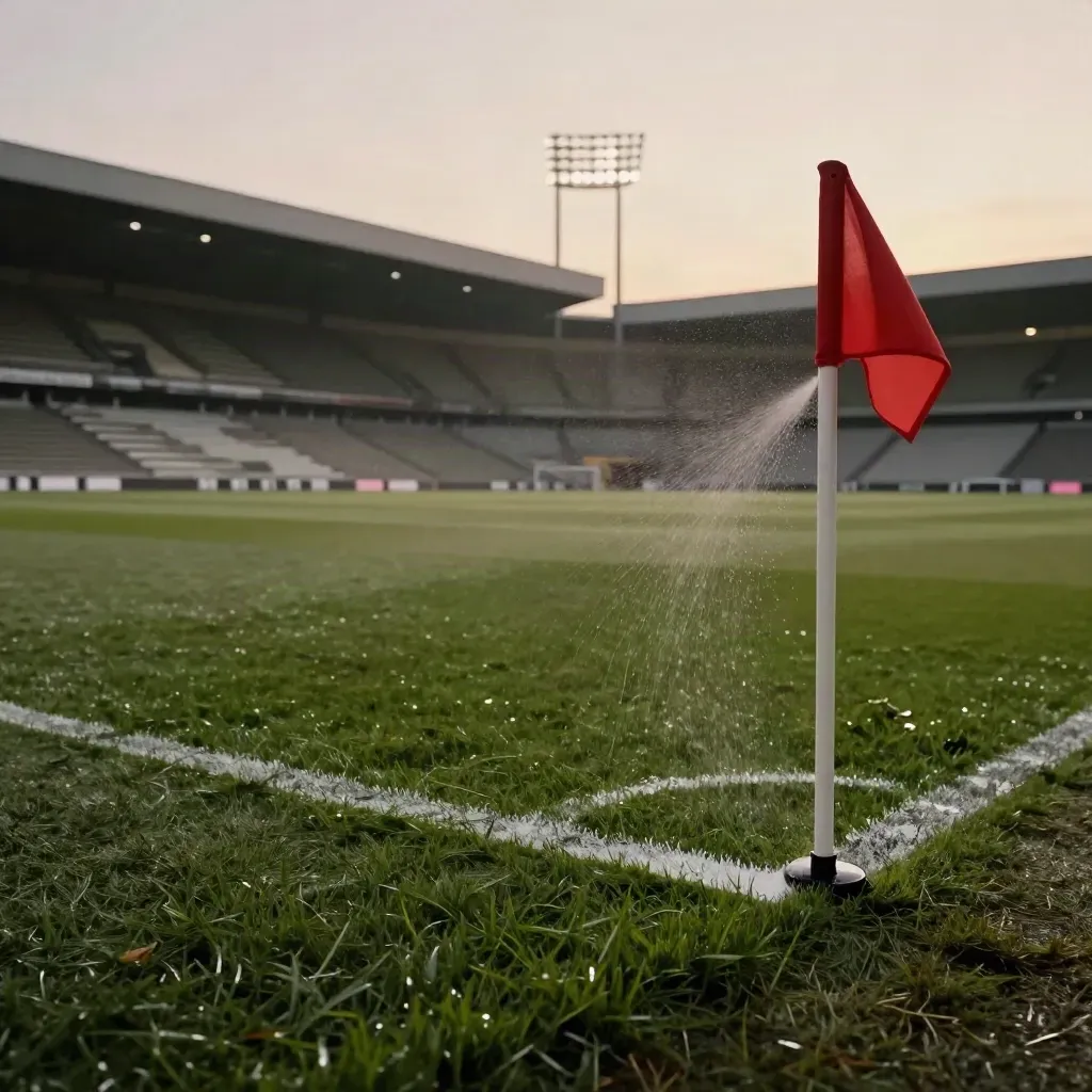 Frisch gewässerter Stadionrasen mit Eckfahne und leerer Tribüne in der Abendluft.