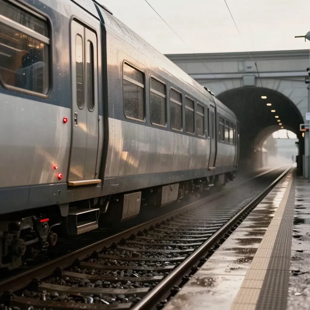 Tief aus Schienenhöhe kommende S-Bahn am Tunnelmund, nasse Gleise und roter Lichtreflex