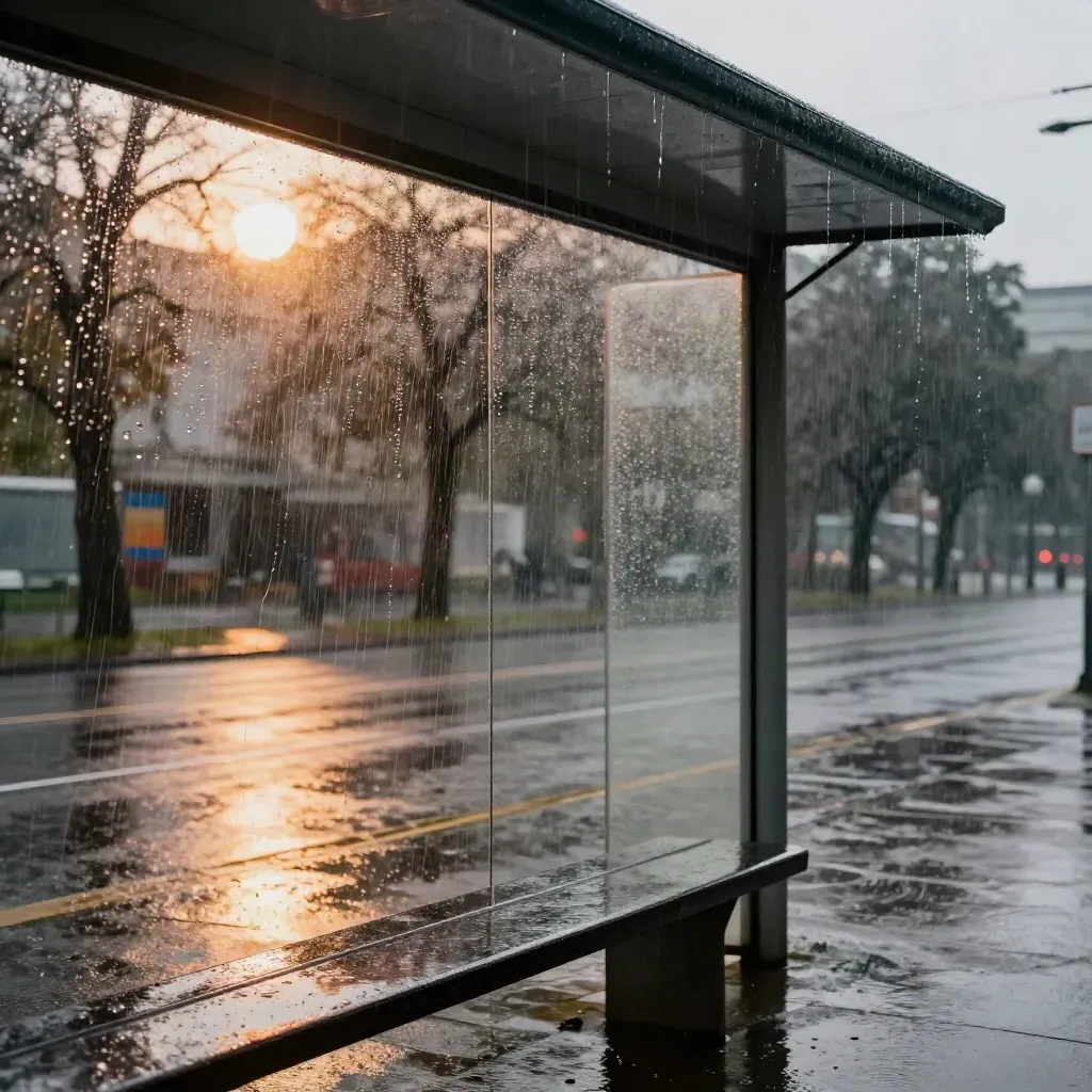 Regennasse Haltestelle mit Wasser auf Glas, Windstoß und geneigten Bäumen im Abendlicht.