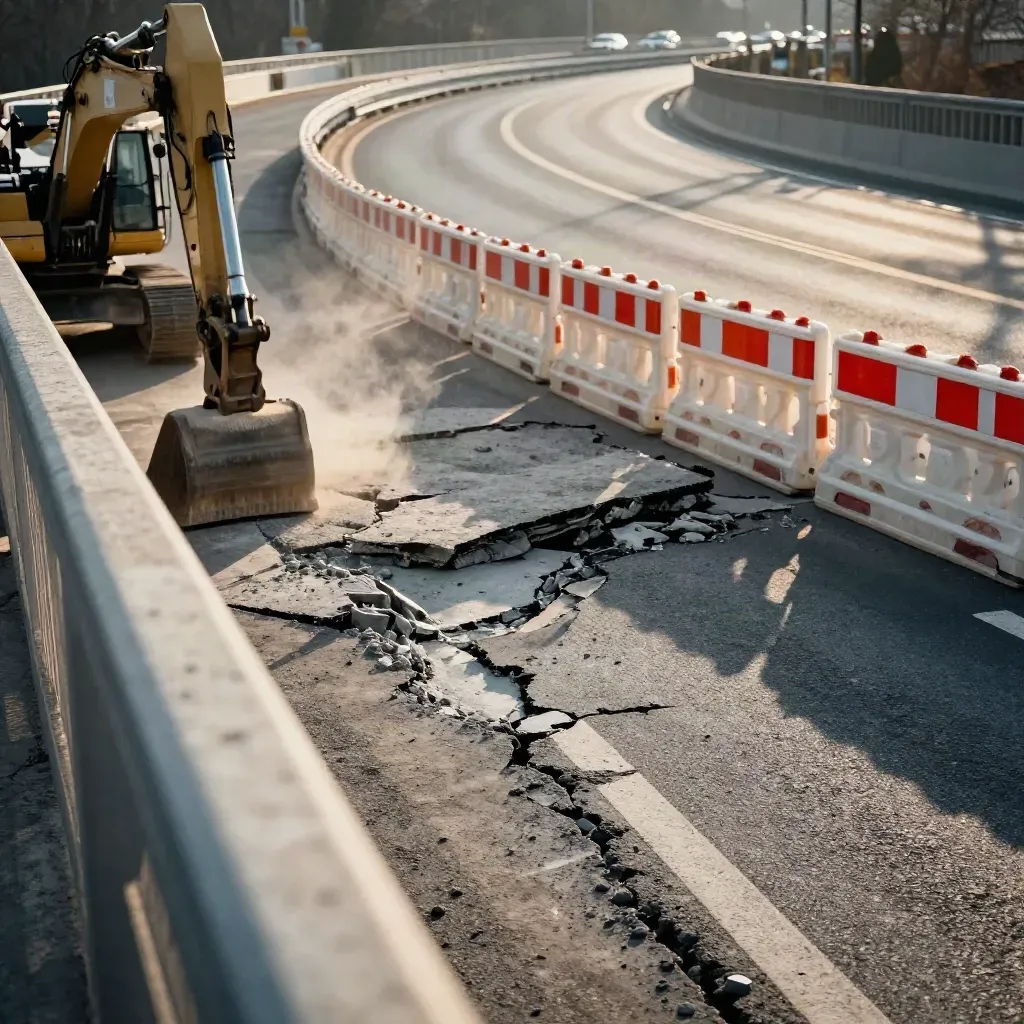 Blick von einer Brücke auf gesperrte Straße mit Barrieren, Baggerarm und Umleitung.