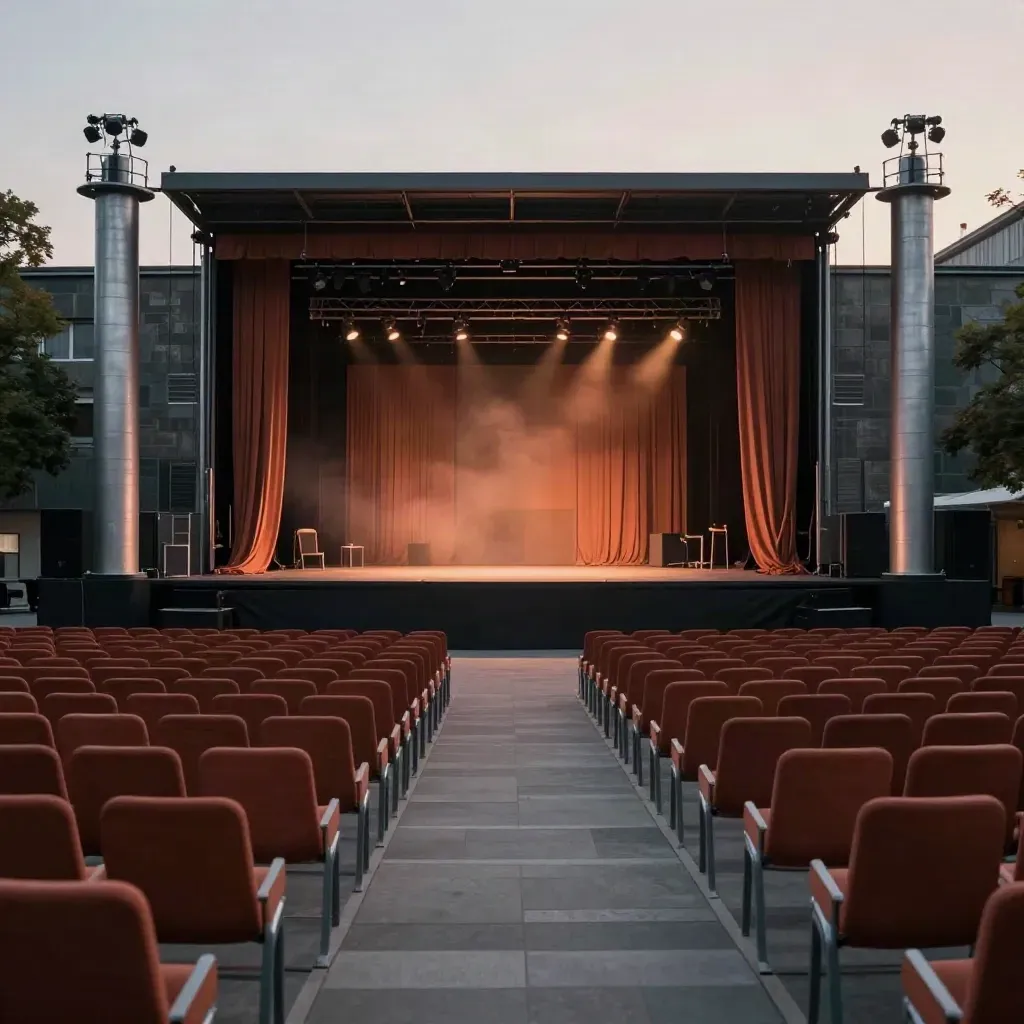 Leere Kulturwoche-Bühne mit Sitzreihen, Lichttürmen und Stoffbahnen im Abenddunst.