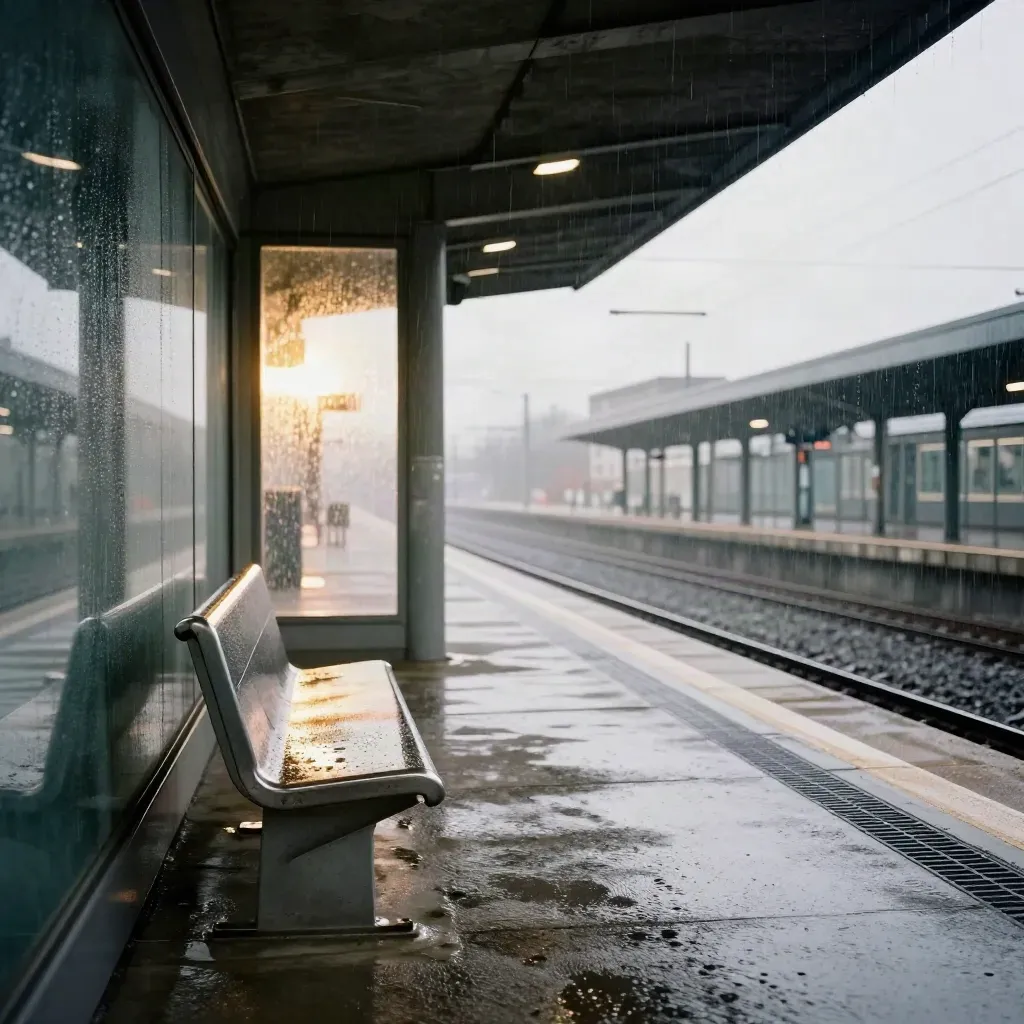 Leerer Pendlerbahnsteig im Regen, nasse Bank und tropfendes Dach hinter verwischtem Glas.