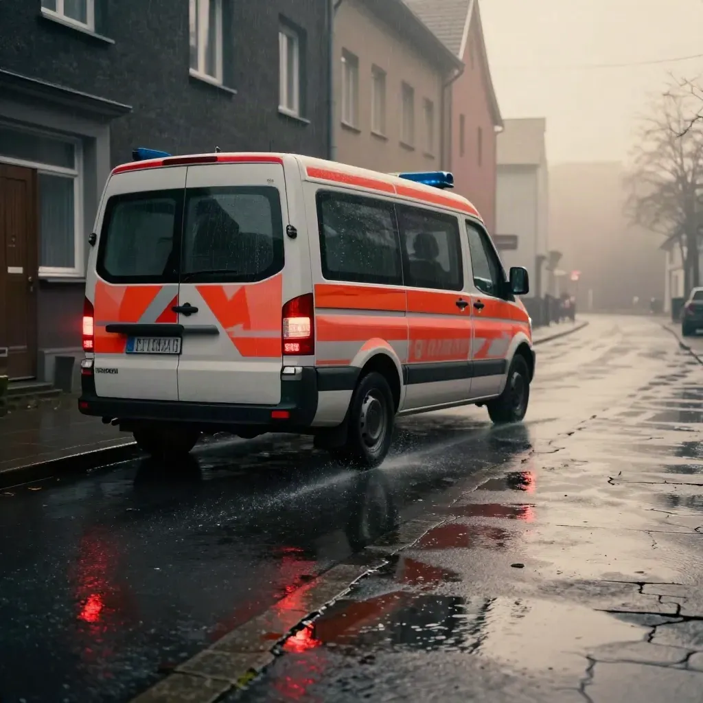 Einsatzfahrzeug biegt im Regen um die Ecke, Blaulicht spiegelt sich auf nassem Asphalt im Nebel.