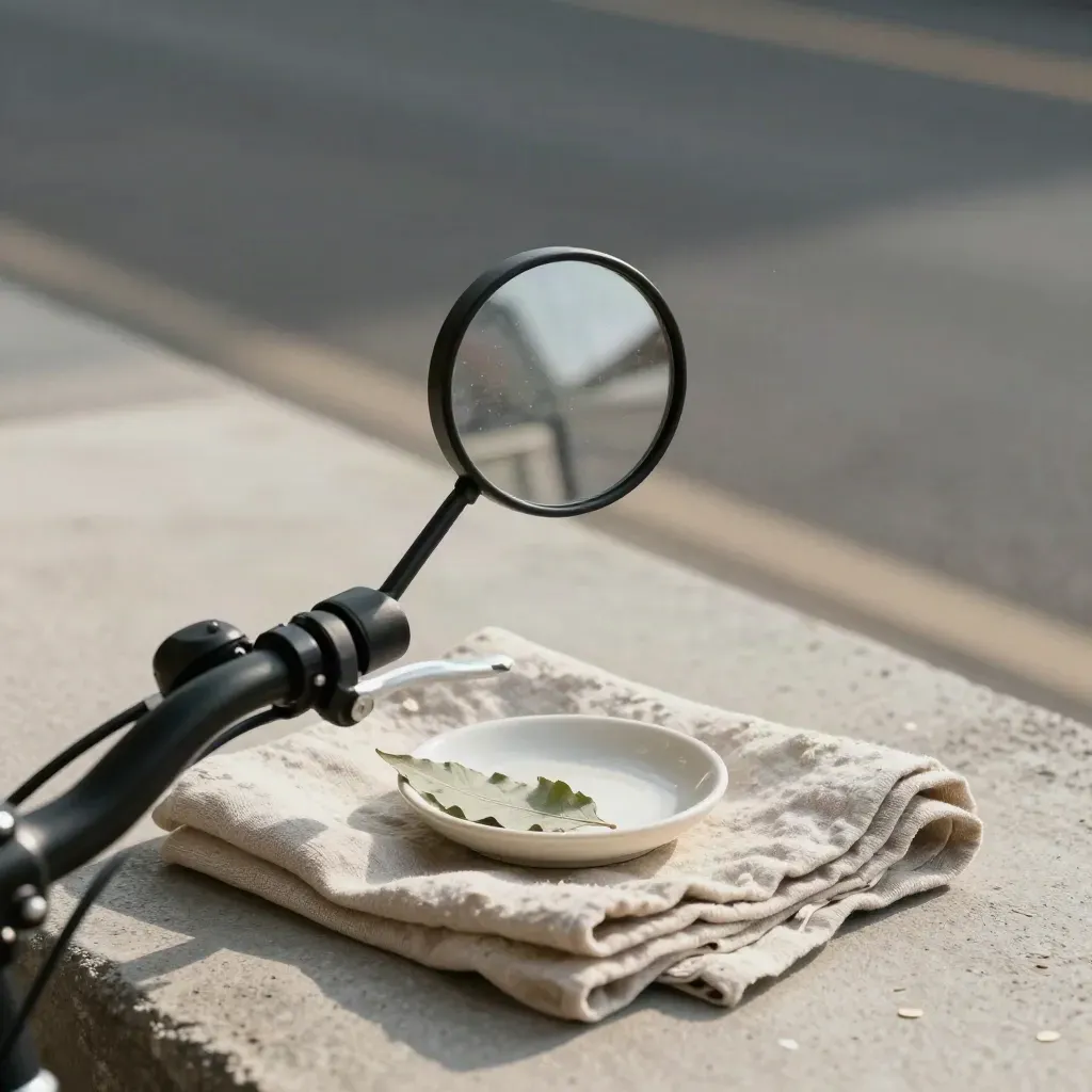 Schwarzer Fahrrad-Rückspiegel mit Leinentuch, Keramikschale und Blatt auf hellem Beton.