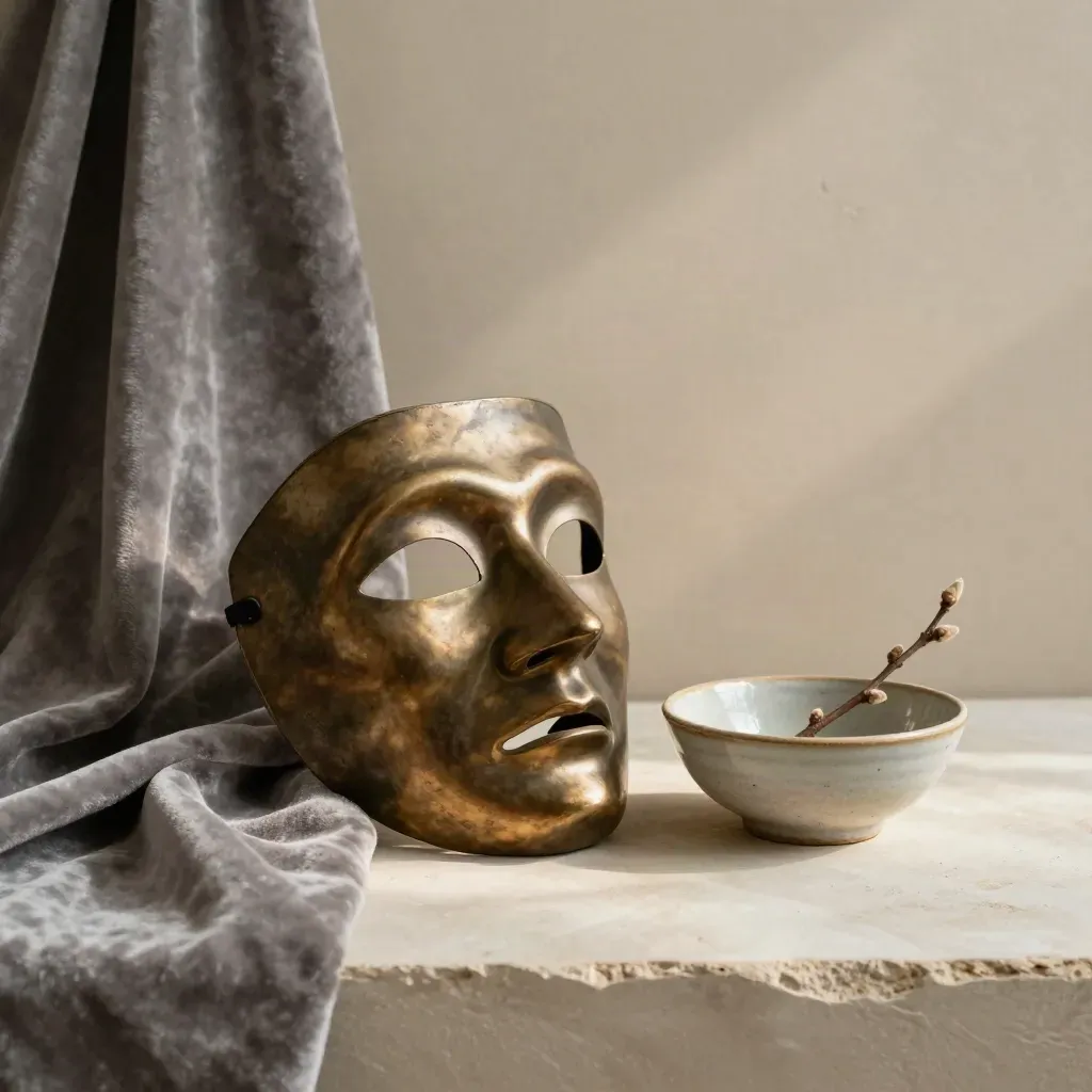 Bronzene Theatermaske auf Stoff, mit Schale und Zweig auf hellem Putz.