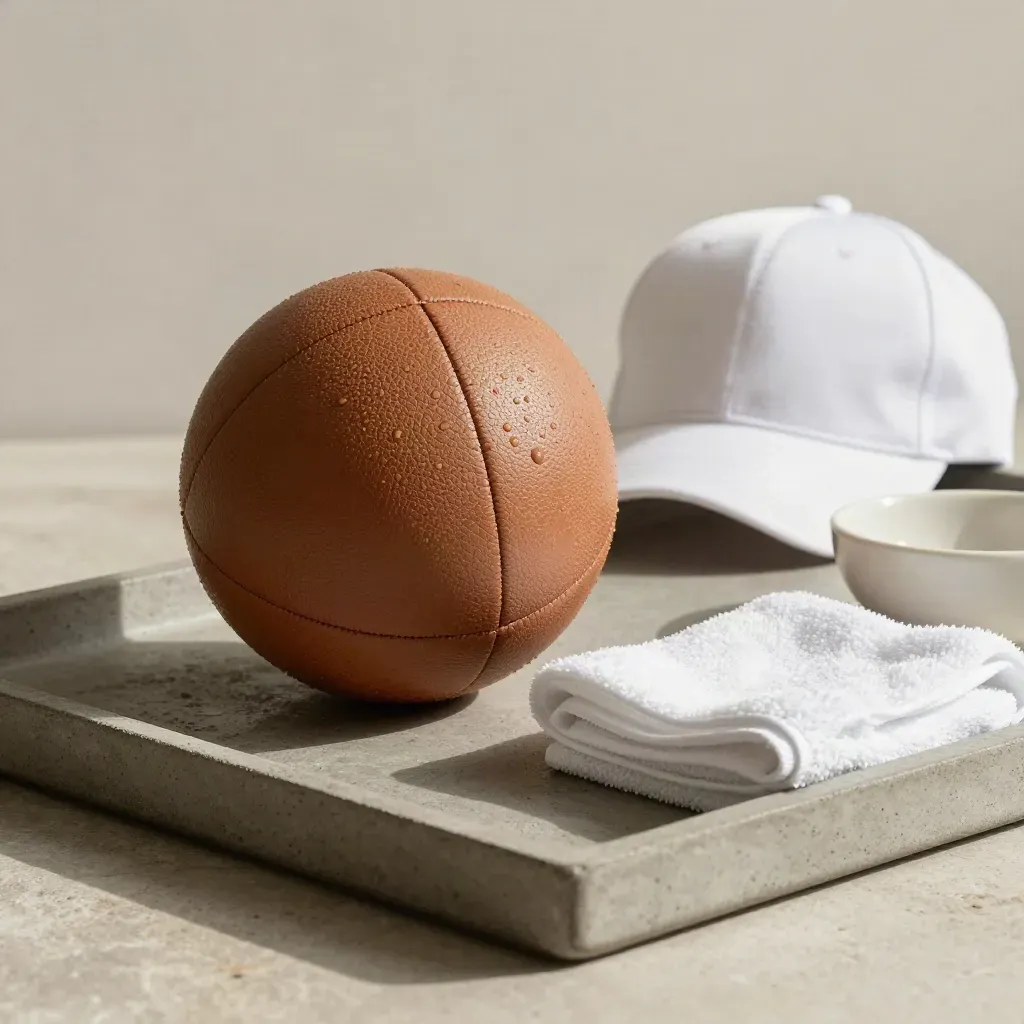 Lederball mit Trainingsmütze, Handtuch und Keramikschale auf Betontray.