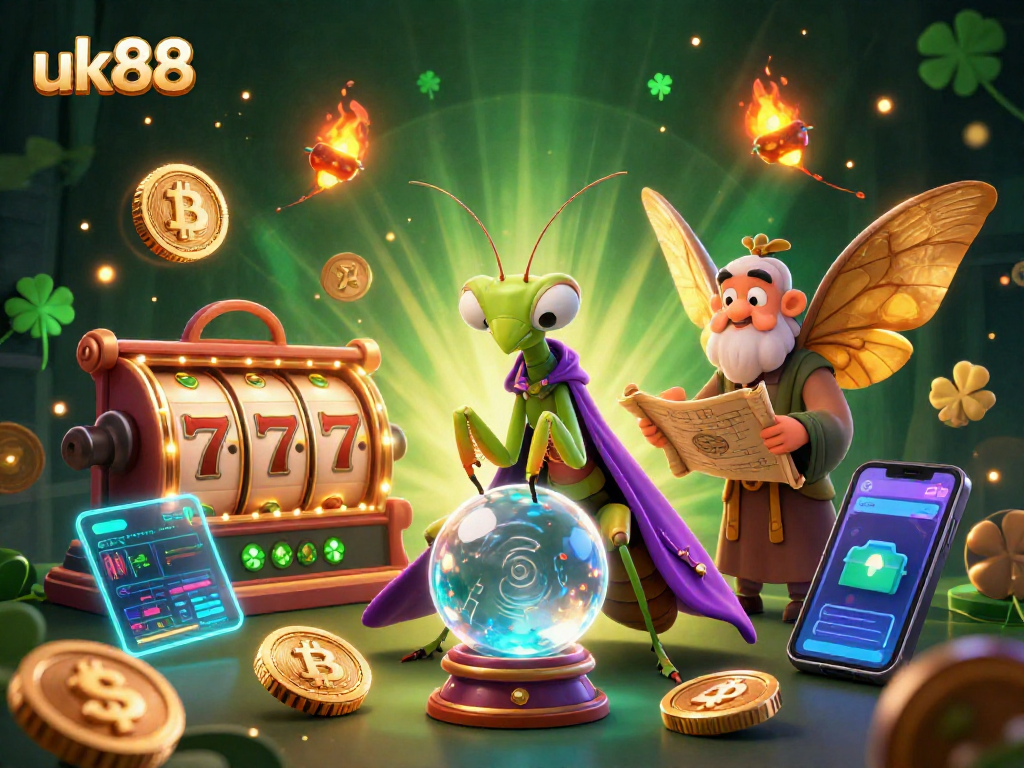 Experience thrilling gameplay with uk88, featuring vibrant slot reels and mystical characters.