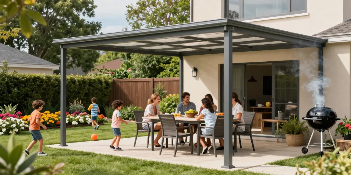 Moderne freistehende Terrassenüberdachung im Garten mit Familie bei sonnigem Wetter.
