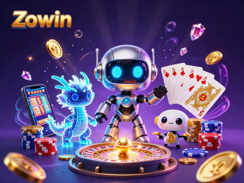 Zowin offers thrilling gambling experiences with a colorful 3D cartoon illustration featuring robots and casino elements.