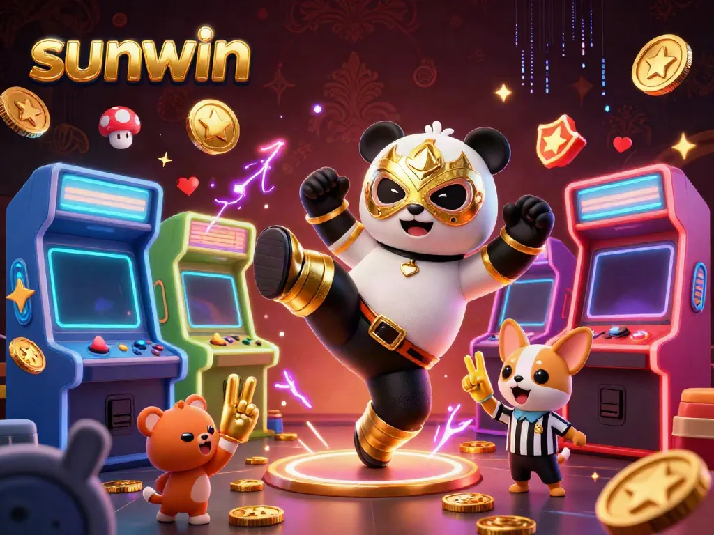 Experience the excitement at sunwin, where a dynamic panda wrestler showcases skills amidst vibrant gaming elements.