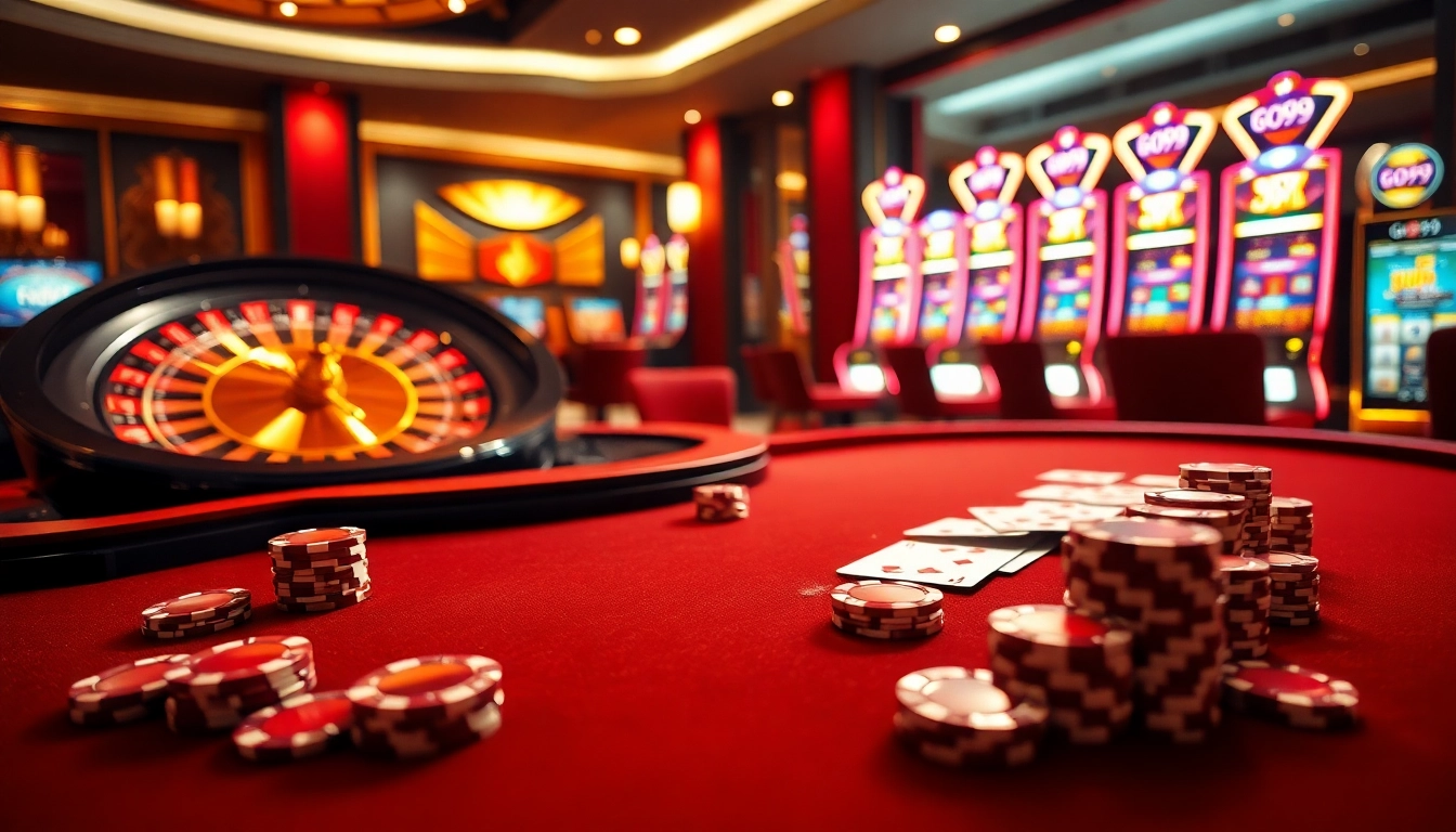 Exciting gaming experience at Go99 with illuminated slots and vibrant poker games.
