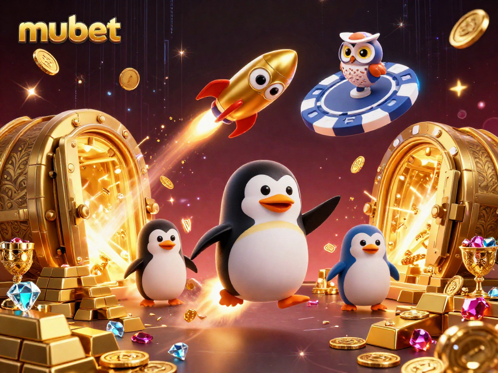 Experience the thrill of mubet with a golden penguin soaring through a vibrant casino world filled with treasures.