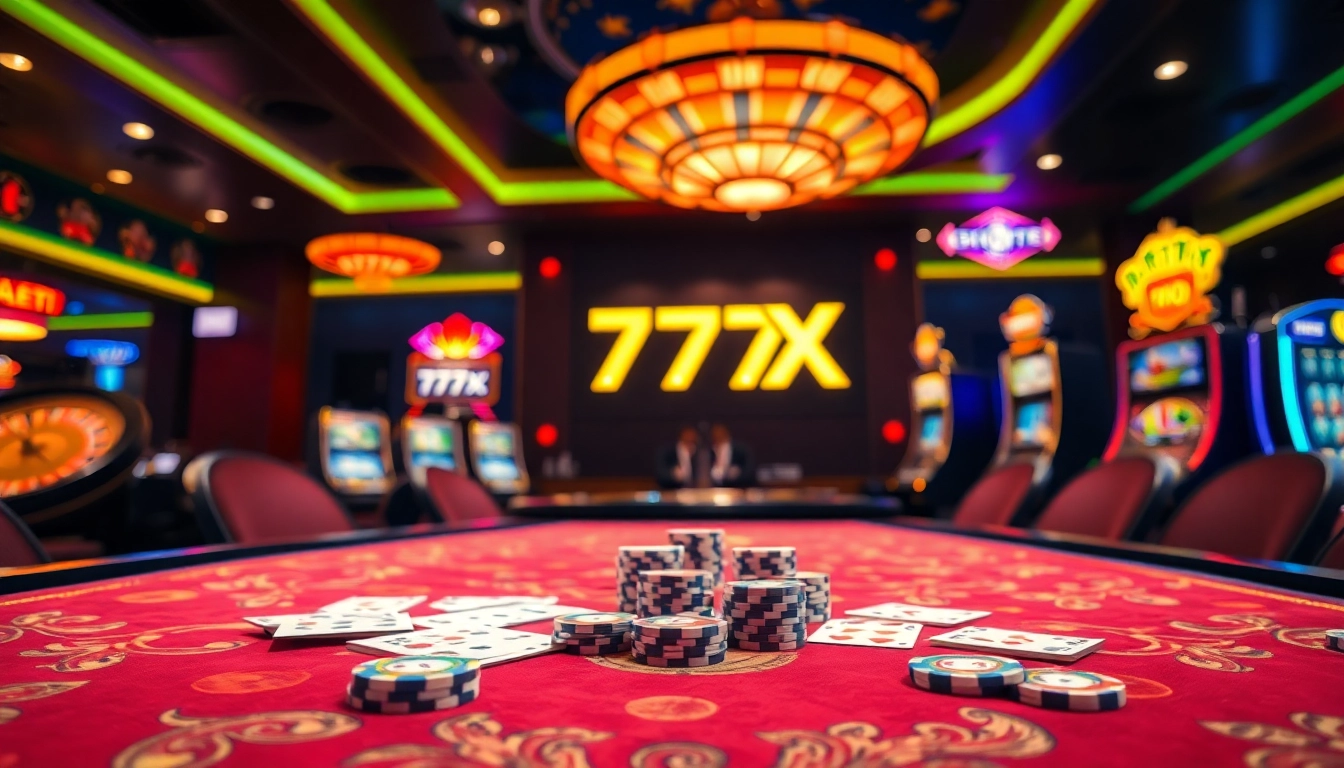 Experience the thrill of winning at 777X casino gaming tables filled with poker chips and cards.