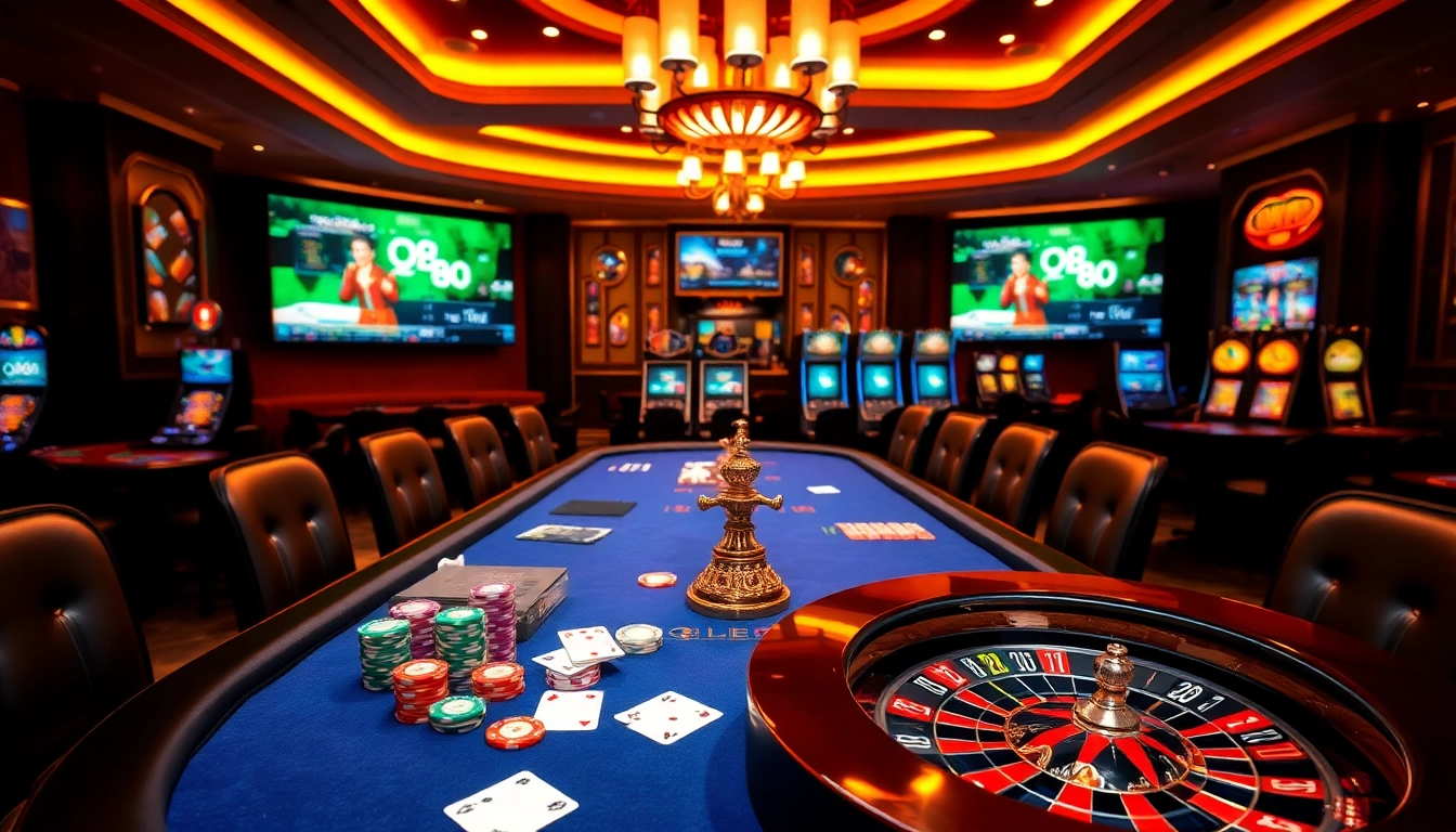 Experience thrilling gaming at QH88 casino with vibrant tables, poker chips, and live betting action.
