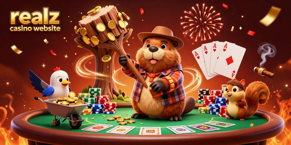 Aktionen im realz casino website: Goldmünzen sammeln mit einem Cartoon-Biber und Freunden.