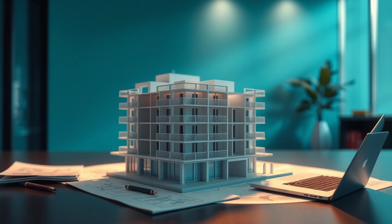 3D visualisierung eines Architekturmodells in einem modernen Büro mit interessanten Lichteffekten.