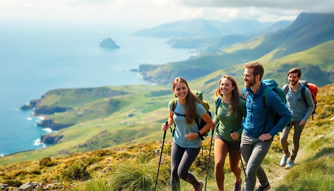 wandern in Irland: Gruppenwanderung durch die malerische irische Landschaft mit Freunden.