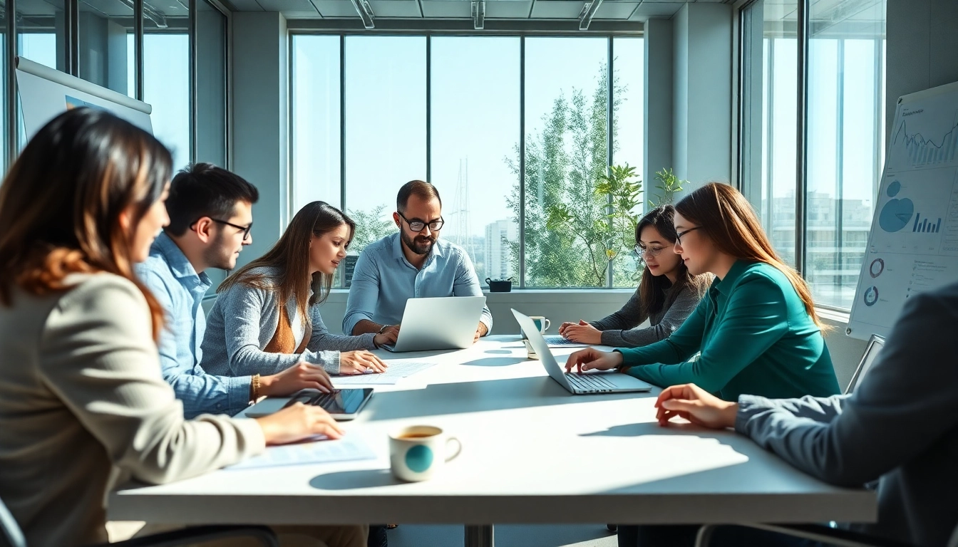 Online Marketing Strategien diskutieren in einer modernen Büroumgebung.