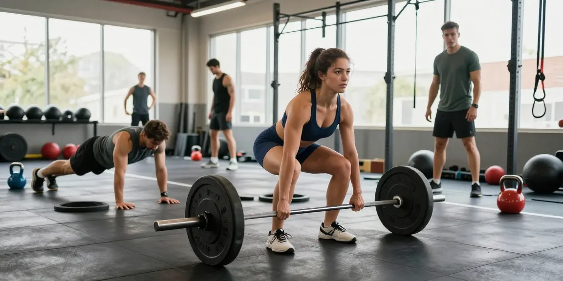 Aktive Fitnessszene im Astera Shop mit motivierten Trainierenden, die Gewichte heben und HIIT-Übungen machen.