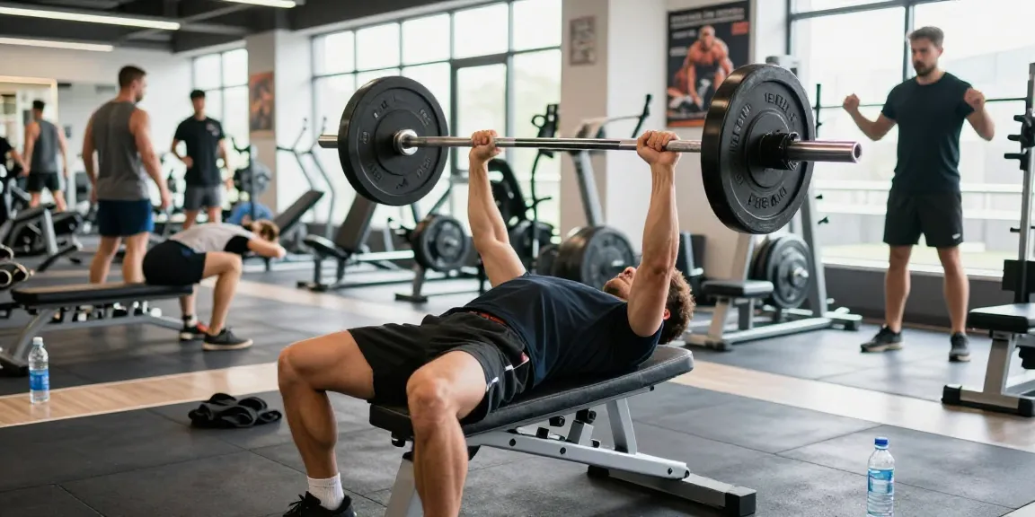 Globale Pharma Steroide - Athlet beim Bankdrücken im modernen Fitnessstudio