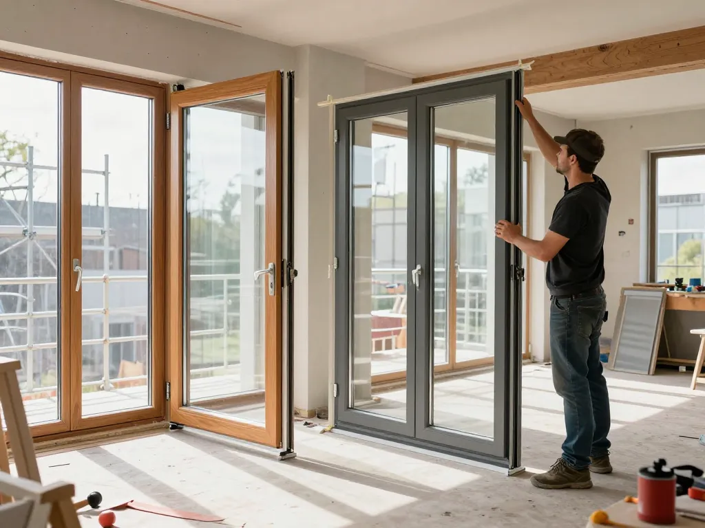 Handwerker installiert hochwertige Fenster für das Renovierungsprojekt Fensterbau Köln.