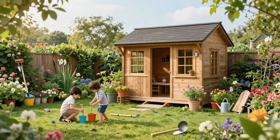 Ein einladendes Gartenhaus aus Holz umgeben von bunten Blumen und Spielzeug im Garten.