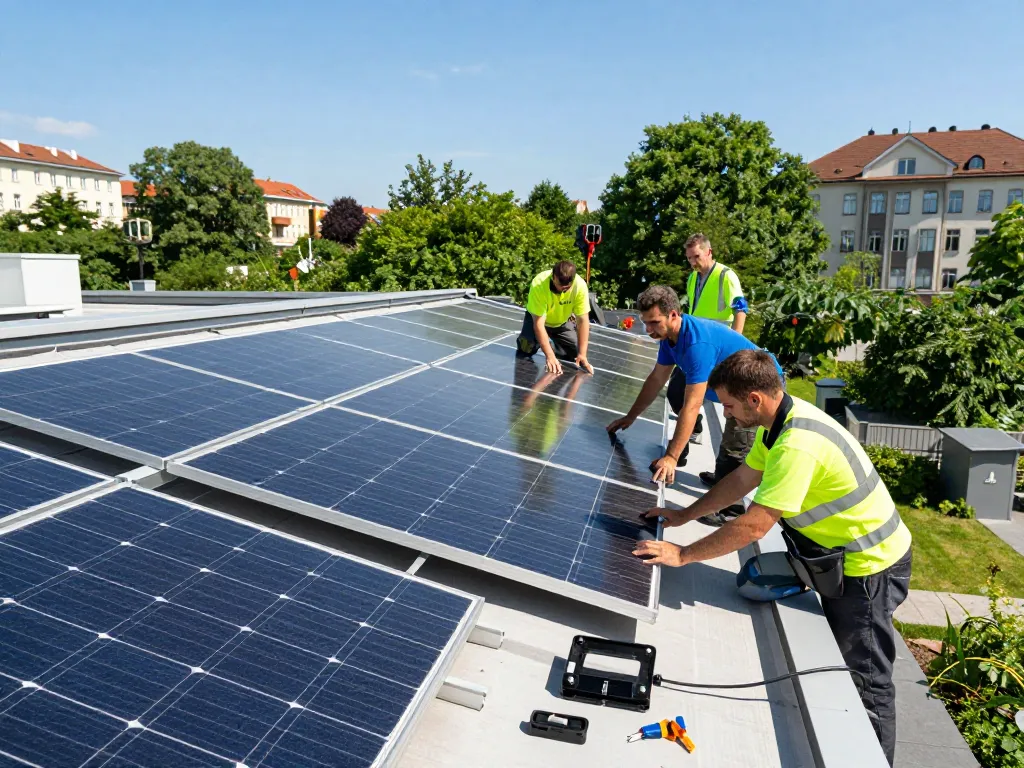 Techniker installieren Solarpanels in Solar Wien, zeigen Energieeffizienz und Teamarbeit.