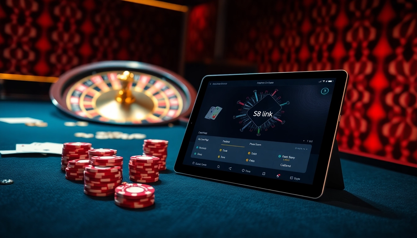 Experience casino excitement with the S8 link, showcasing luxury poker tables and vibrant gaming elements.