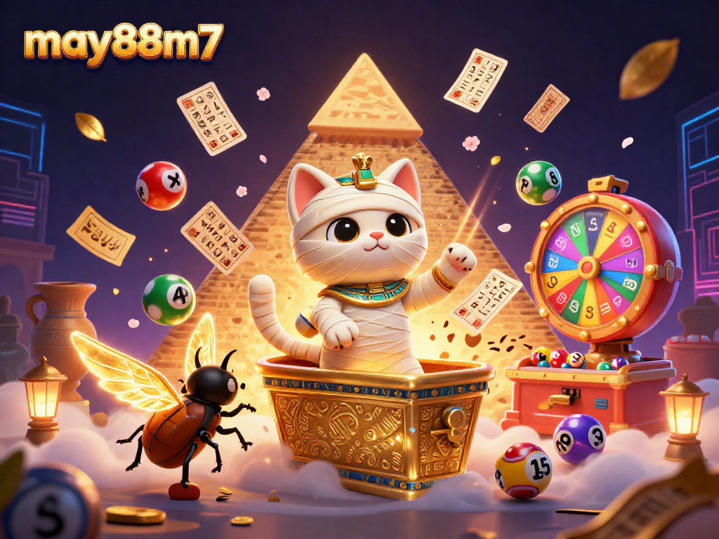 Engage with may88m7 by diving into a vibrant casino adventure filled with a mummy cat and lucky lottery balls.
