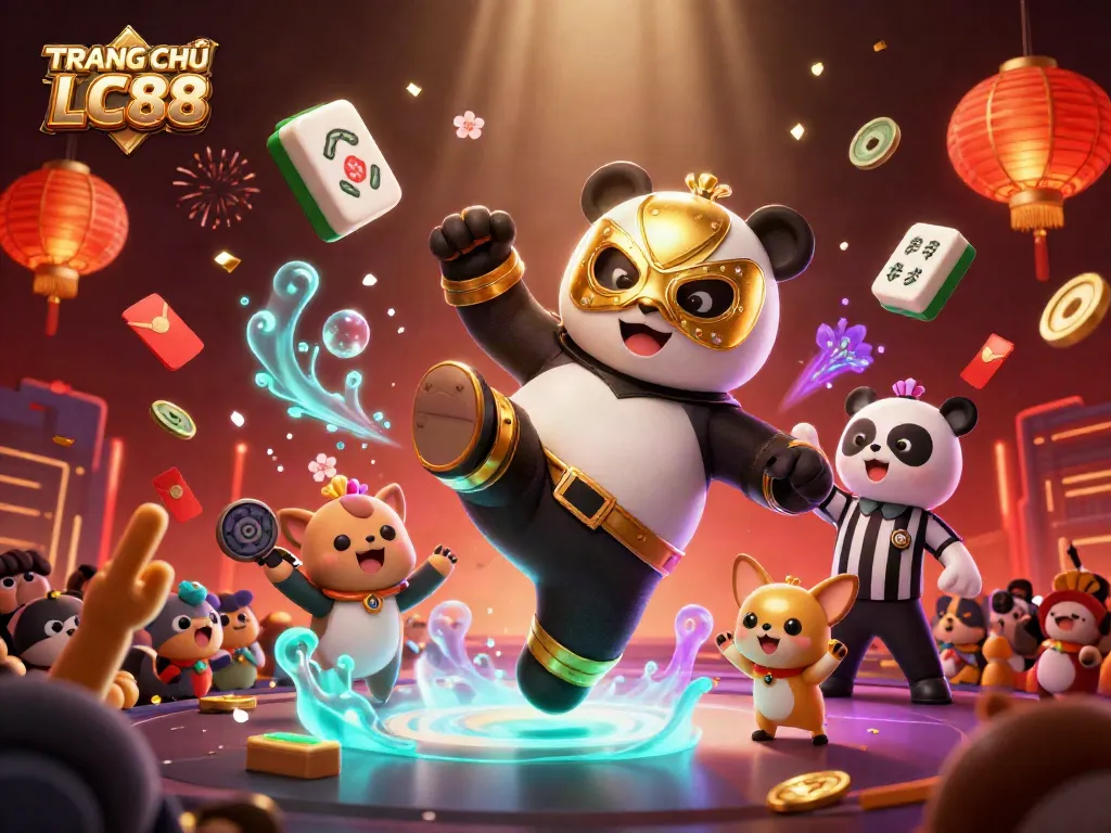 Engage with TRANG CHỦ LC88 featuring a vibrant 3D panda wrestler in a dynamic casino scene.