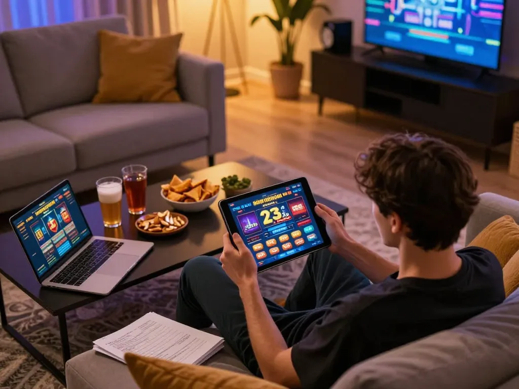 Engaging online gaming experience with khuyến mãi 23win displayed on tablet, cozy home setting.