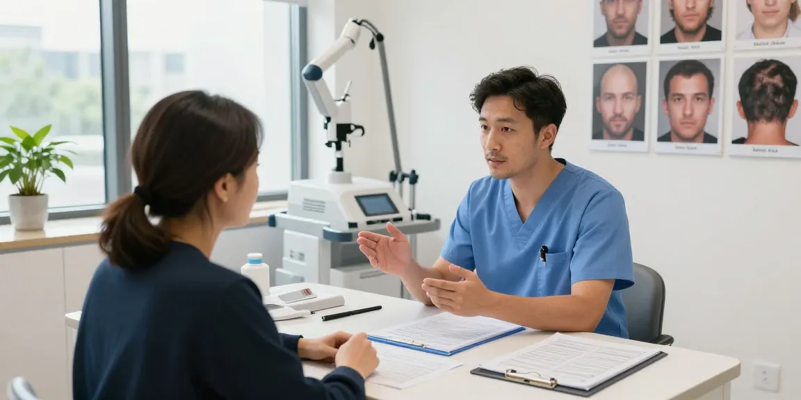 Consultation at a hair transplant clinic for Haartransplantation Türkei, showcasing advanced technology and patient interaction.