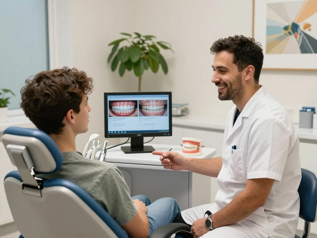 Invisalign Wien Beratung in einer Zahnarztpraxis, bei der Zahnarzt und Patient über transparente Aligner sprechen.