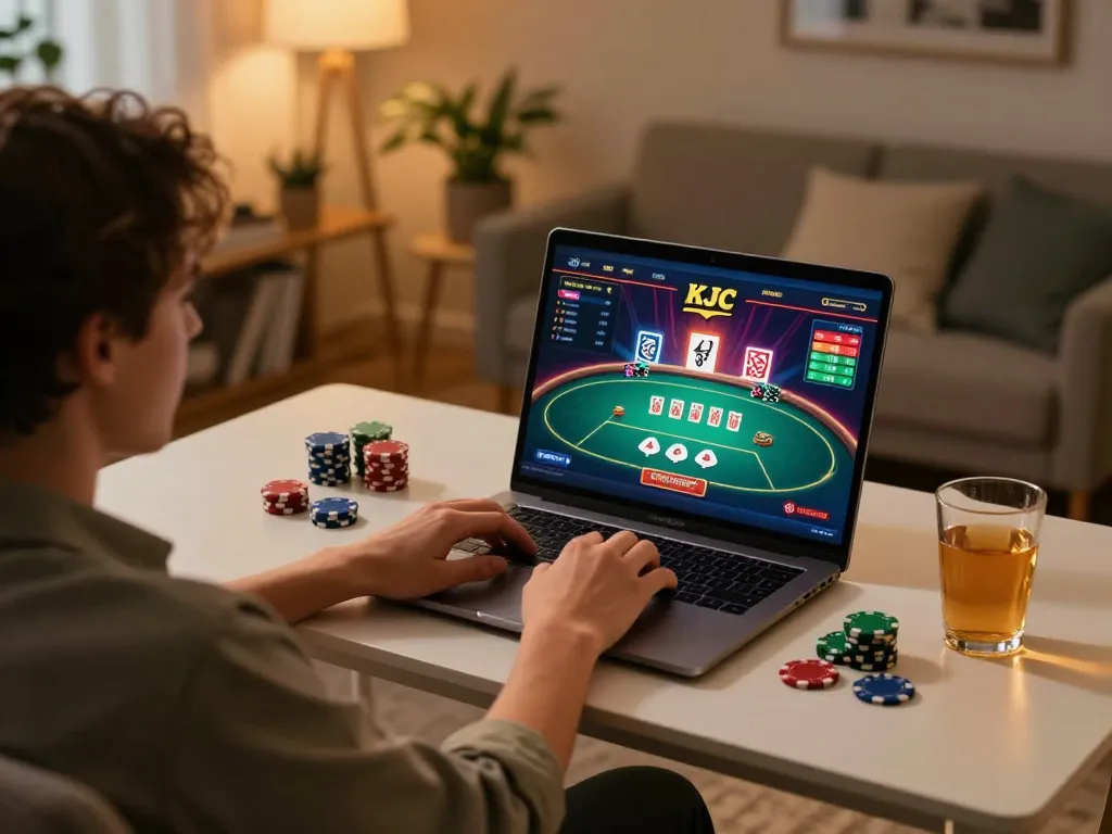 KJC player engaging in online casino gaming on laptop with vibrant decor and poker chips.