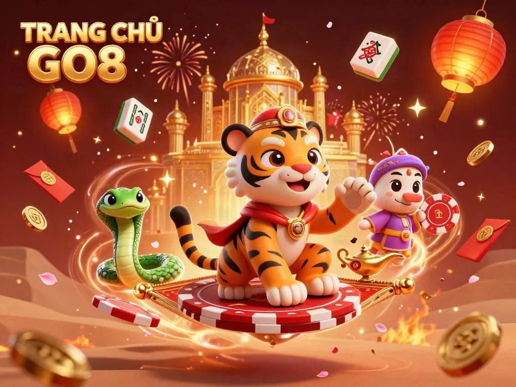 Experience excitement at TRANG CHỦ GO8 with a vibrant casino illustration featuring a tiger sultan and magical elements.