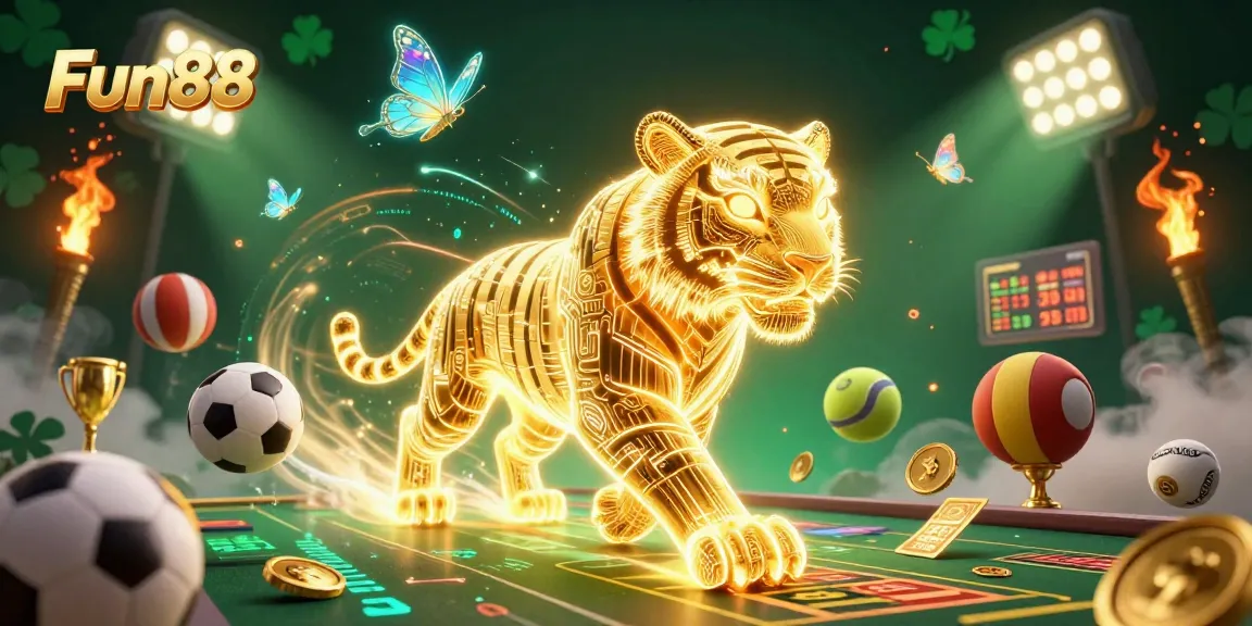 Immerse in Fun88's vibrant digital casino landscape with neon designs and dynamic sports elements.