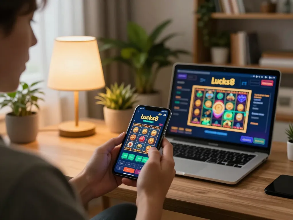 Engaging with the lucks8 casino app on a smartphone in a cozy modern home environment.
