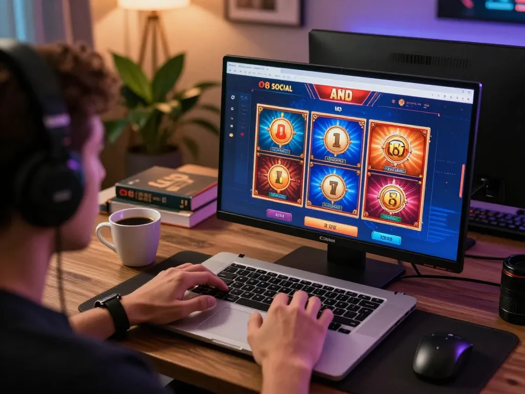 O8 SOCIAL player engaging with online slot games in a cozy home setting.