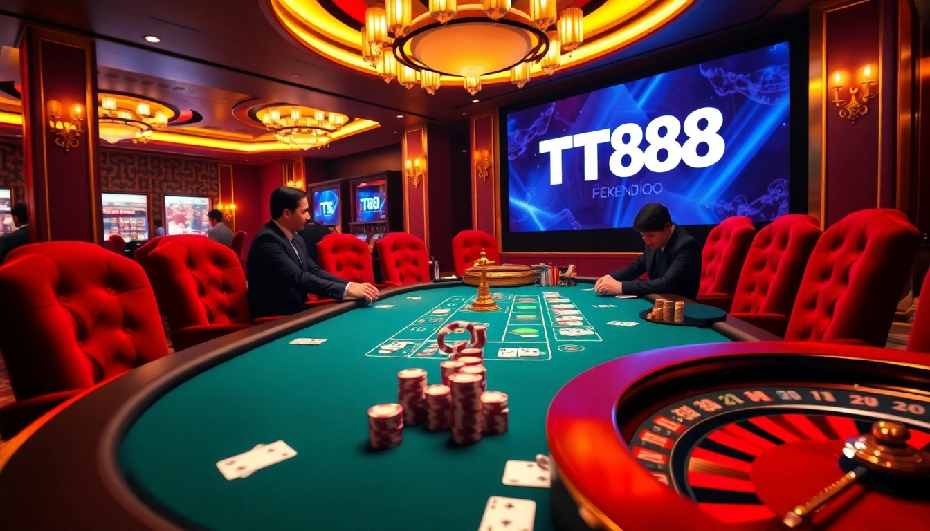 TT88 players enjoying an exciting game at a luxurious casino table with vibrant poker chips.