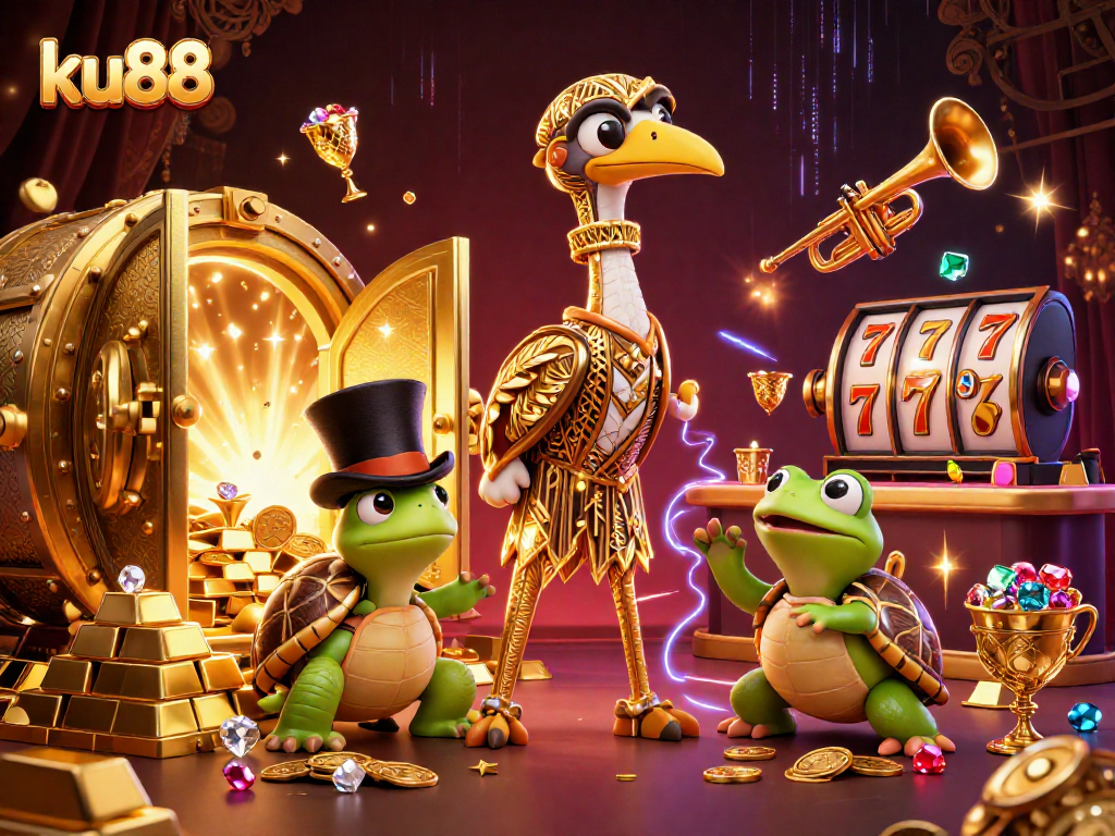 Experience the excitement of ku88 with vibrant characters and golden treasures in this lively casino scene.