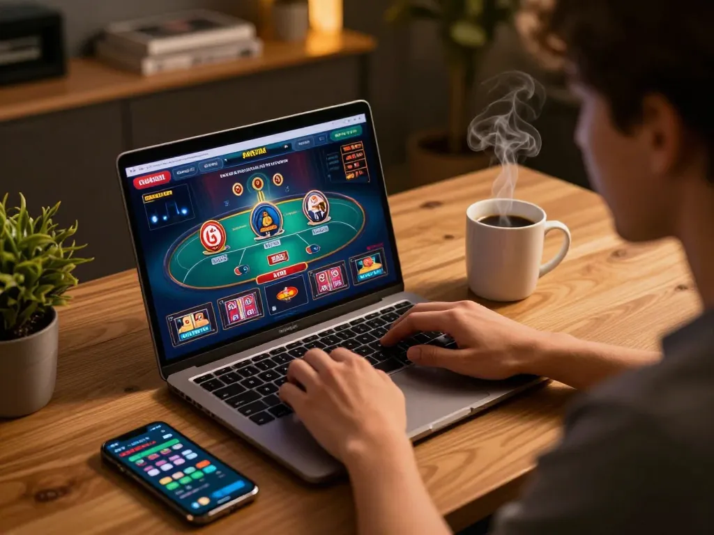 Player engaged in online casino gaming at https://mb668.co/, showcasing poker and slots on a laptop.