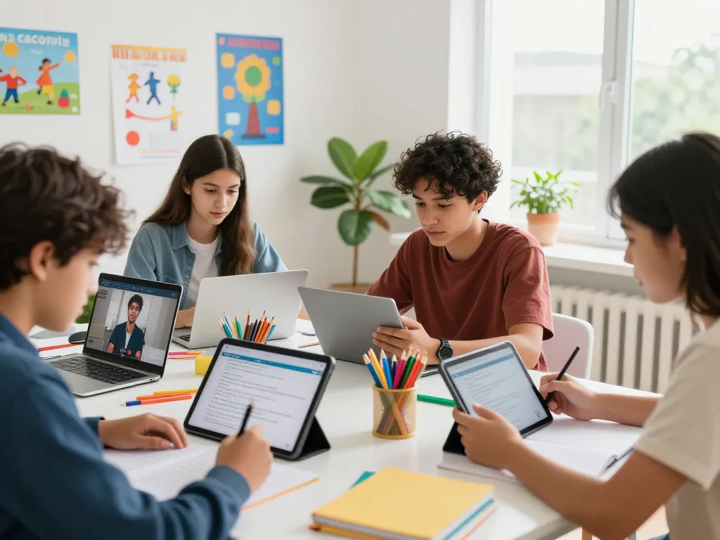 Studierende nutzen Hausaufgaben Löser online in einer kollaborativen Lernumgebung mit Tablets und Laptops.