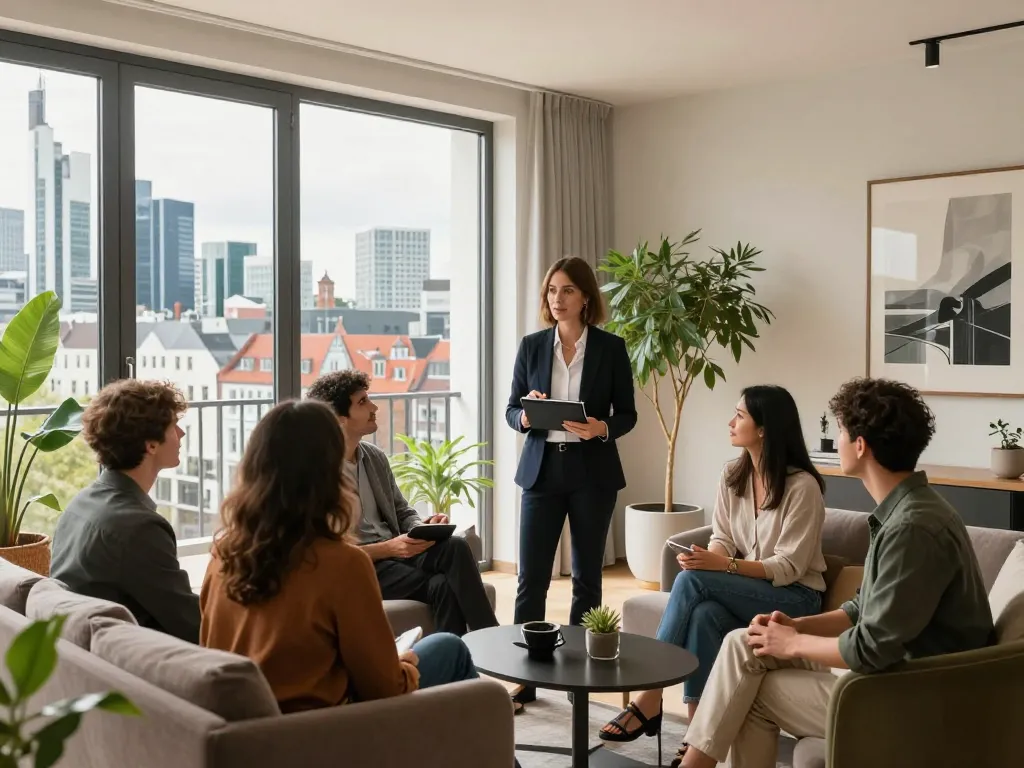 Immobilienmakler Frankfurt Sachsenhausen präsentiert stilvolles Apartmentinterieur und führt Gespräche mit Kunden über Immobilien.